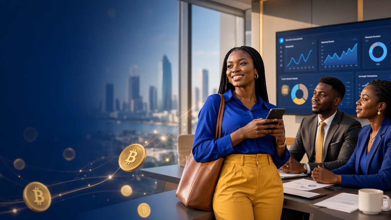 Person using the Richlance app with digital Richcoin tokens and a blue and gold fintech backdrop.