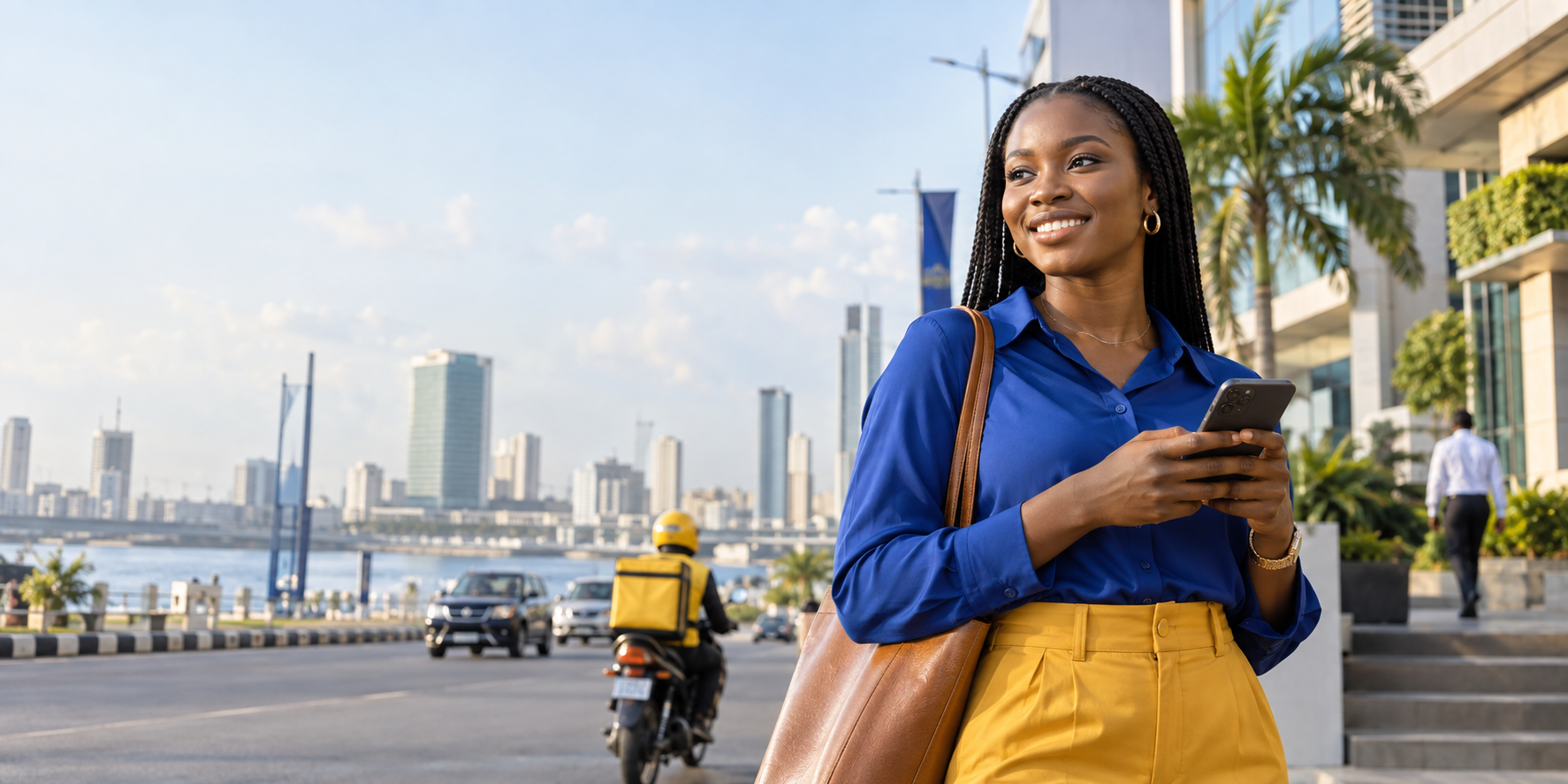 Richlance user on a city street with delivery rider and skyline in the background.